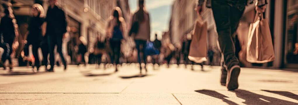 Blurred figures walk along a sunny city street, some carrying shopping bags