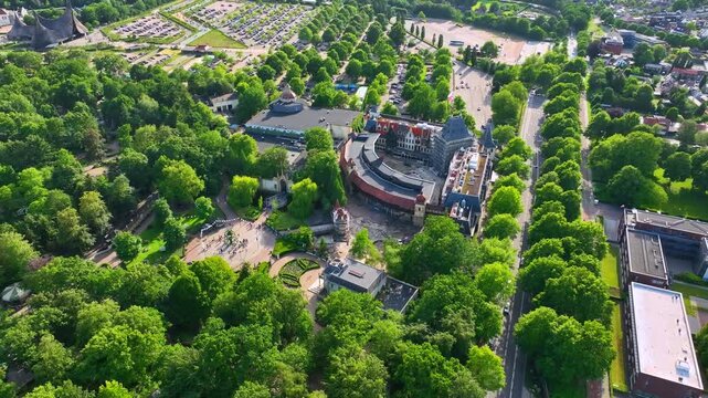 Aerial drone retreating from construction works at Raveleijn theater at Efteling theme park in Kaatsheuvel, Netherlands