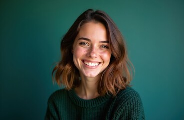Fototapeta premium Young woman with brown hair smiles warmly wearing green sweater in studio. Her freckled face shows joy and confidence with bright eyes and natural expression. Perfect for lifestyle or beauty content.
