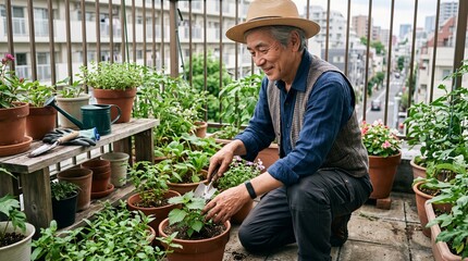 Obraz premium Smiling senior man tending to potted plants on a sunny balcony
