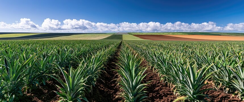 Rows of lush pineapple plants stretch towards a horizon of colorful, patterned fields under a blue sky