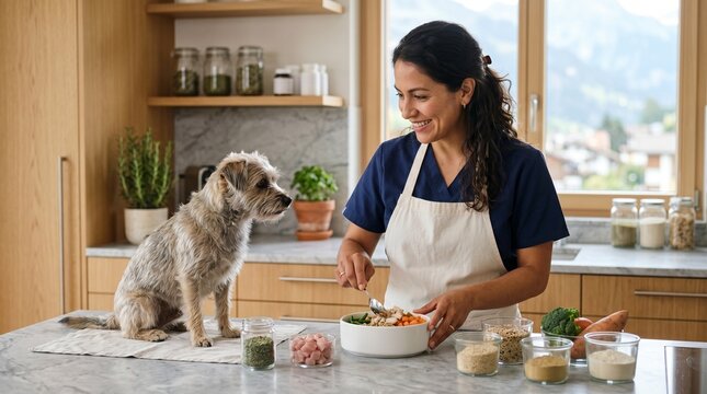 Smiling Woman Preparing Healthy Meal for Her Dog in Modern Kitchen