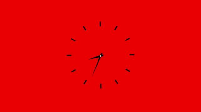Minimalist analog clock face animation rotating hands on a vibrant solid red background, representing time passing, deadlines, efficiency, and, precise scheduling for, business presentations