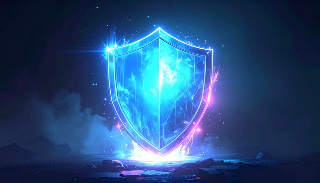 Glowing Neon Shield Symbolizing Digital Security and Protection.