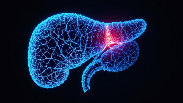 Wireframe visualization of the human pancreas with highlighted problematic area.