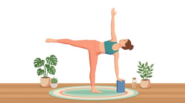 Yoga Pose Practice: A woman in athletic wear performs the Half Moon Pose (Ardha Chandrasana) with a yoga block for support, surrounded by houseplants, on a rug in a calm indoor setting.
