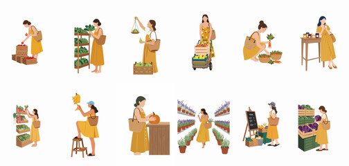 Fototapeta premium Collection of flat illustrations showing women shopping for fresh fruits, vegetables, and flowers at a local farmers market in summer.