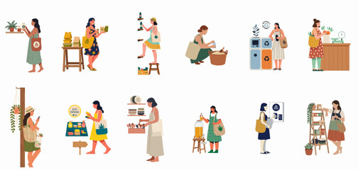 Fototapeta premium Collection of women practicing sustainable shopping habits including zero waste, bulk buying, recycling, and using reusable bags in a flat vector illustration style.