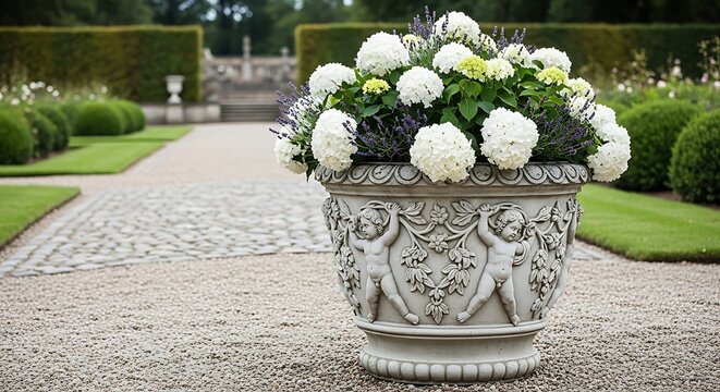 Elegant Classical Stone Planter with White Hydrangeas and Lavender in Formal Garden, Luxury Landscape Design, Decorative Floral Arrangement, Summer Park Scenery