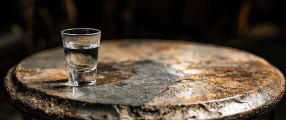 Obraz premium Small clear shot glass filled with liquid on a weathered, textured surface