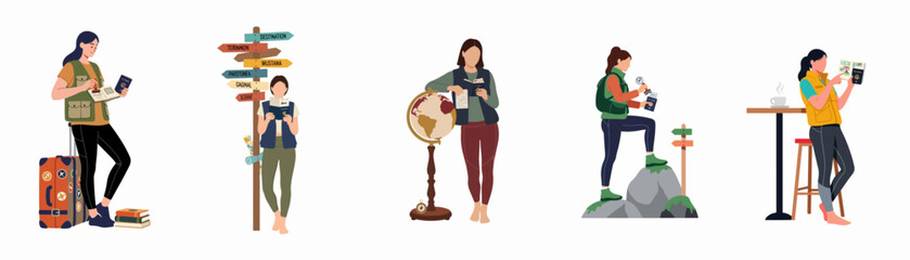 Flat vector illustration set featuring diverse women travelers with passports, globes, and luggage, representing themes of global adventure and international tourism. © Pat
