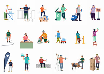 Fototapeta premium Set of diverse charity volunteers distributing bottled water, managing recycling, and providing support at public events like marathons or humanitarian missions.