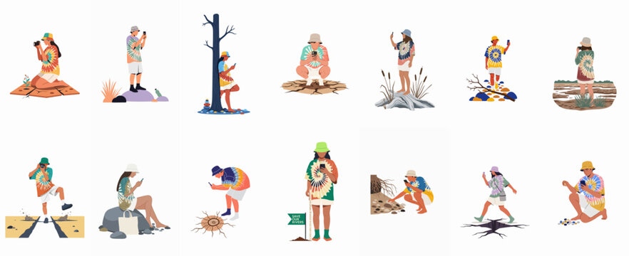 Flat vector illustration set of people in tie-dye outfits documenting environmental issues, climate change, and pollution using smartphones and cameras.