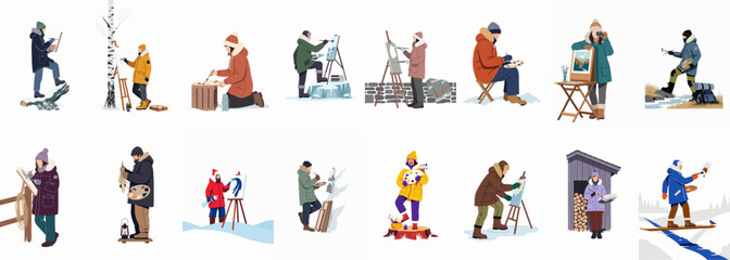 Collection of flat vector illustrations featuring diverse artists painting outdoors in various snowy and cold winter environments wearing warm winter gear and clothing. © Woo