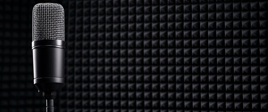 A modern black microphone stands before a textured acoustic wall