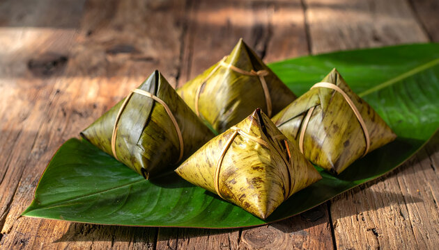 Traditional Asian Sticky Rice Dumplings Wrapped in Leaves on Wooden Table.