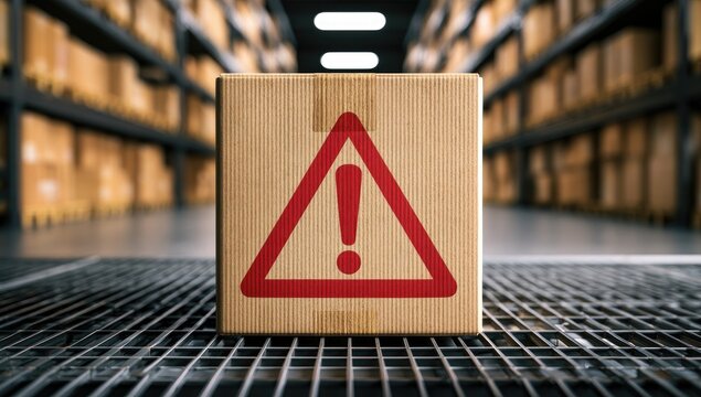 Cardboard box with red warning symbol in warehouse