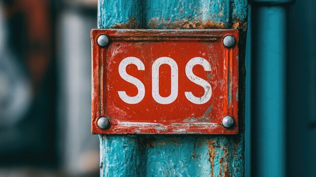 Weathered red SOS sign, bolted to a textured, distressed teal post