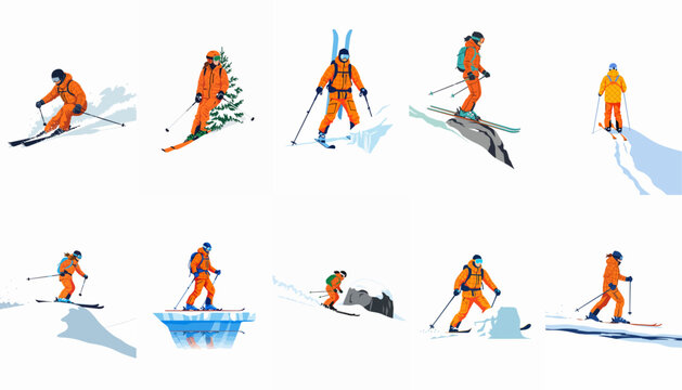 Set of illustrations depicting various skiers and mountaineers in orange gear, practicing winter sports and backcountry skiing in snowy mountain landscapes.
