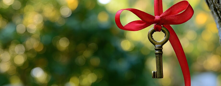Antique key tied with red ribbon hangs on a tree branch, soft green bokeh