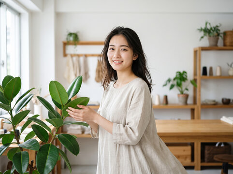 オーガニックなアトリエでゴムの木の葉を見つめる女性
