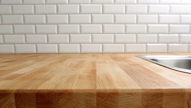 A clean kitchen countertop with a subway tile backsplash and sink