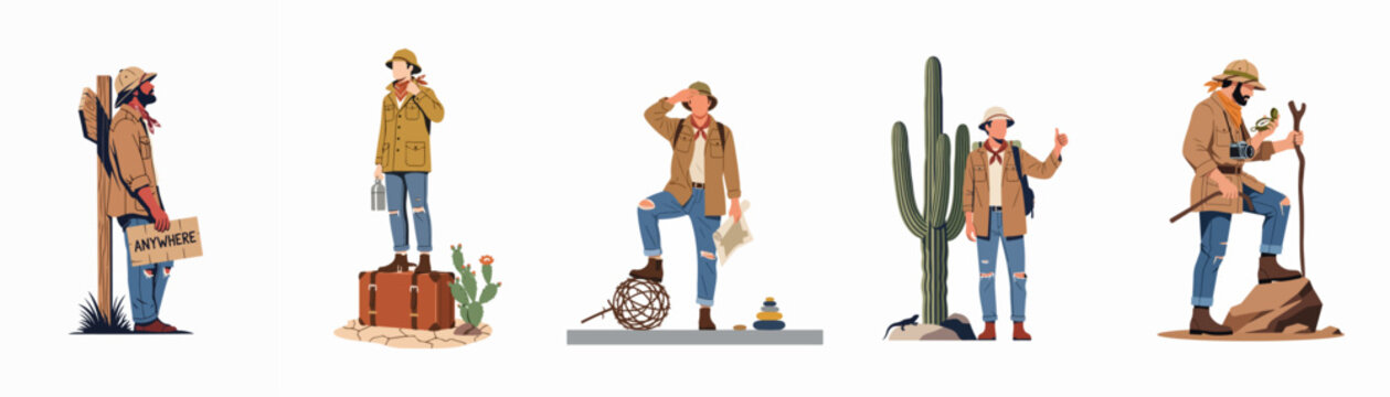 Set of vector illustrations depicting a male explorer in various travel scenarios, including desert landscapes, map reading, and hitchhiking with an anywhere sign.
