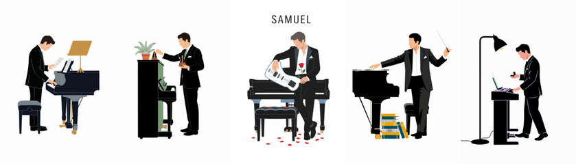 Minimalist vector illustrations of a male pianist and conductor in various musical scenes, including playing the piano, tuning, and a romantic gesture. © Lhymo