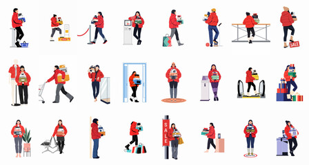 Set of diverse shopping illustrations featuring women in red puffer jackets carrying boxes and shopping bags at retail stores during seasonal sales. © Woo
