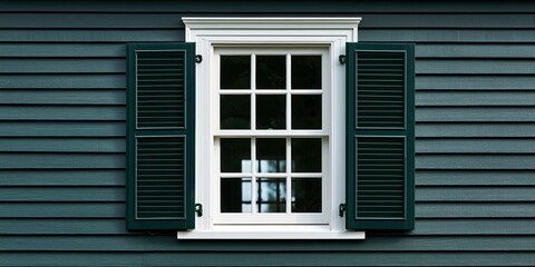 Fototapeta premium White casement window with dark green louvred shutters on blue siding