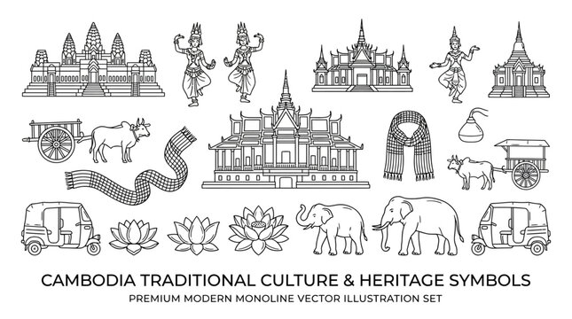 Cambodia Traditional Culture and Heritage Symbols Hand Drawn Minimal Line Art Illustration Featuring Angkor Wat Pagoda and Khmer Architecture Elements Set for Design