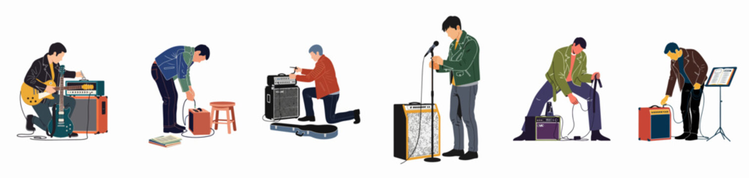 Flat vector illustrations of male musicians and technicians setting up electric guitars, amplifiers, and microphones for a music performance or rehearsal.