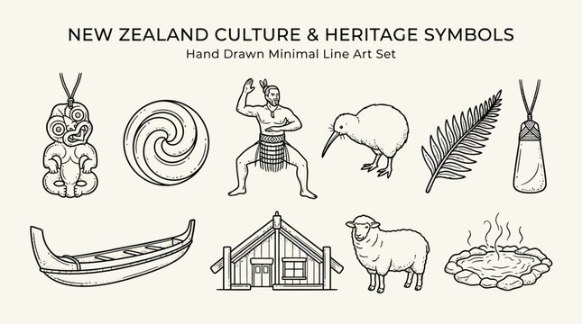 Minimalist New Zealand Maori Heritage Symbols Hand Drawn Line Art Vector Set Featuring Traditional Indigenous Culture Tribal Patterns Koru Fern and Silver Foliage Illustration Icons.