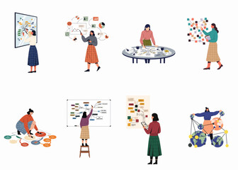 Fototapeta premium Set of professional women analyzing complex data, brainstorming ideas, and creating visual mind maps and flowcharts for business strategy and project management.