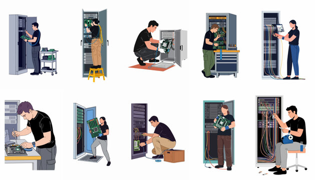 Set of diverse IT technicians and engineers maintaining server racks, repairing hardware, and managing data center infrastructure in a flat vector illustration style.