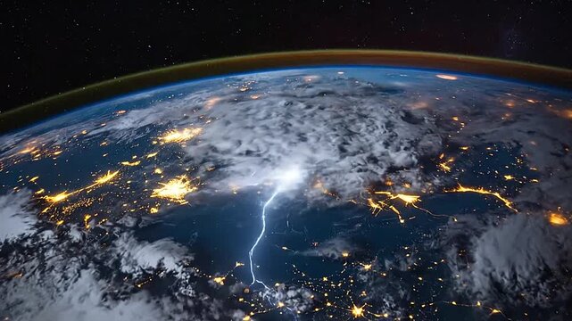 Cinematic view of planet Earth at night with city lights and lightning