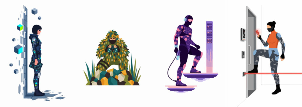 Set of flat vector illustrations depicting various covert agents, including a digital infiltrator, a sniper in a ghillie suit, and a high-security thief.