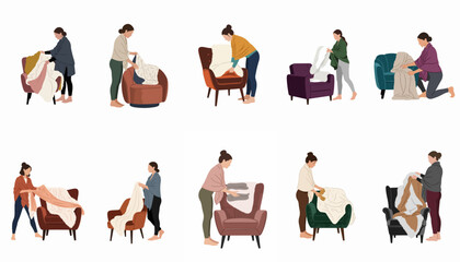 Flat illustration set of women decorating various armchairs with soft, cozy blankets and throws, perfect for home decor and lifestyle concepts. © Telu