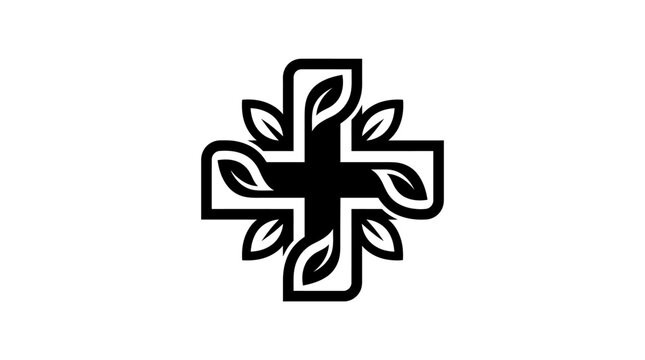 Cross with leafy green symbol.