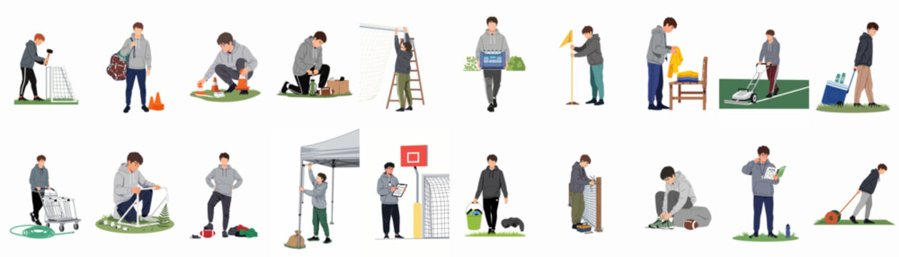 Set of illustrations showing a young man performing various sports field maintenance, preparation, and support tasks for athletic events and team practices.