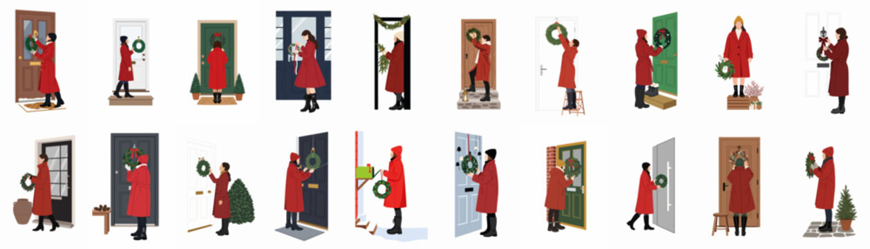 Set of illustrations of a woman in a red coat hanging various Christmas wreaths on different front doors for holiday decoration.