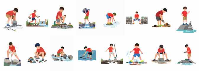 Naklejka premium Set of vector illustrations featuring a young boy playing with rocks and water in nature, including activities like building dams and stacking stones.