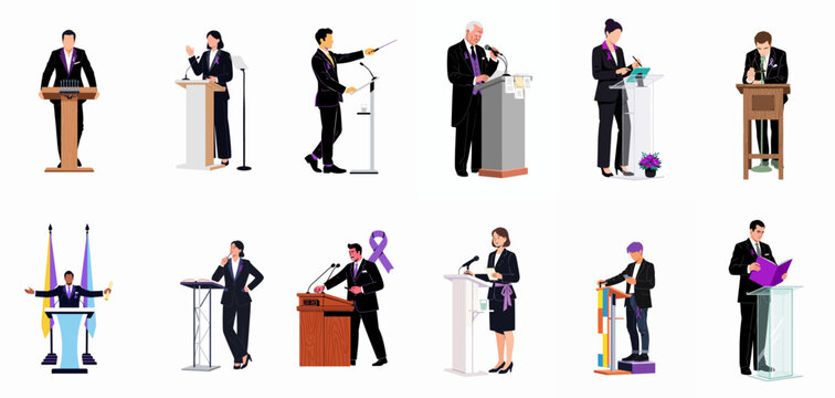 A diverse collection of professional people in suits giving speeches and presentations from podiums, each wearing a purple awareness ribbon.