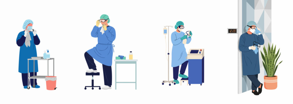 Exhausted Healthcare Professionals in Protective Gear During a Long Shift at a Hospital or Medical Clinic