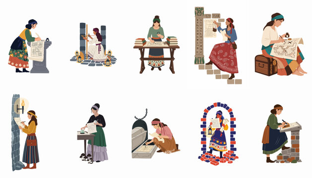 Illustrations of women cartographers and explorers researching ancient maps, measuring stone ruins, and documenting discoveries in fantasy and historical settings.