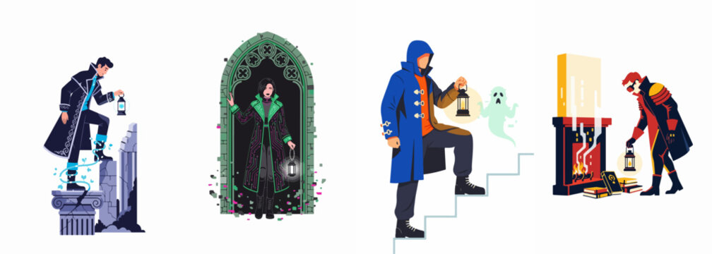Set of four diverse fantasy and gothic character illustrations holding lanterns in mysterious settings like ruins, archways, and haunted stairs.