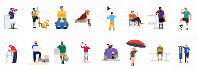 Fototapeta premium Collection of Flat Vector Illustrations Featuring Diverse Men as Sports Fans Coaches and Staff Members Participating in Various Athletic Events and Activities