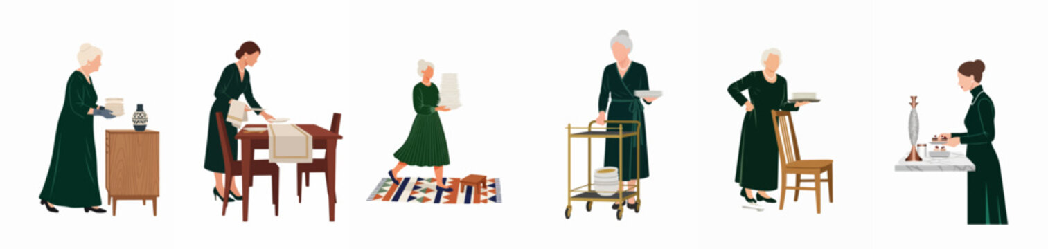 Set of elegant women in green dresses performing various dining and serving tasks, including setting tables, carrying plates, and arranging desserts.