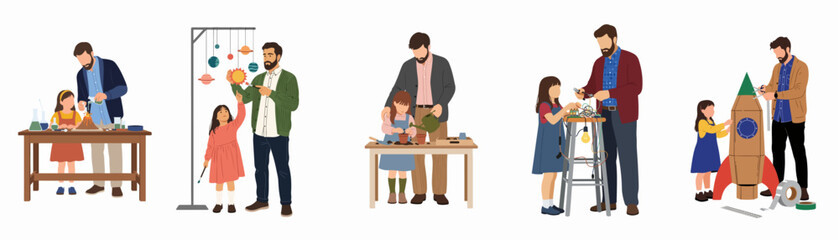 Obraz premium Collection of illustrations showing a father and daughter engaging in STEM activities, including science experiments, astronomy, gardening, electronics, and cardboard rocket building.