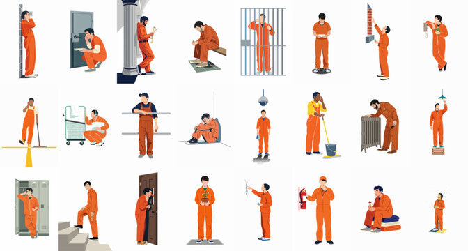 Set of diverse vector illustrations depicting men in orange jumpsuits performing daily tasks, reflecting life inside a prison or detention center.